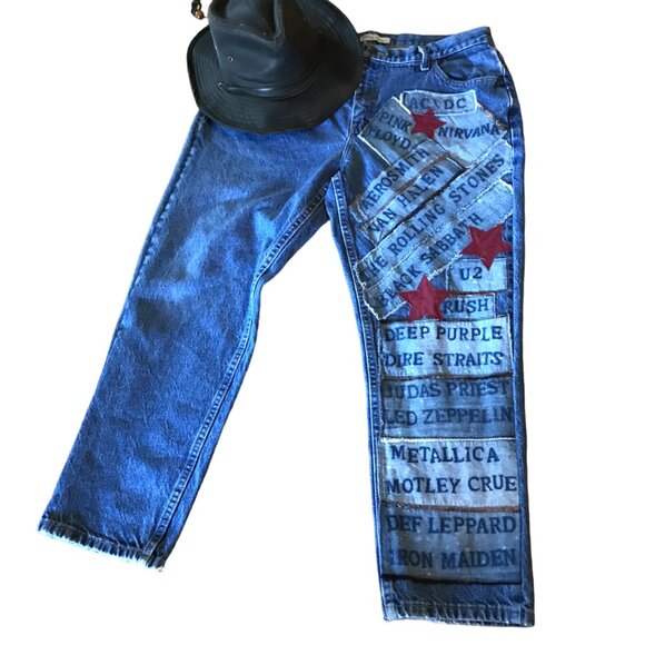 Upcycled Denim - Women’s Patchwork Jeans, Size 16P: 1980s Rock Band Patches, Retro Hippie Pants